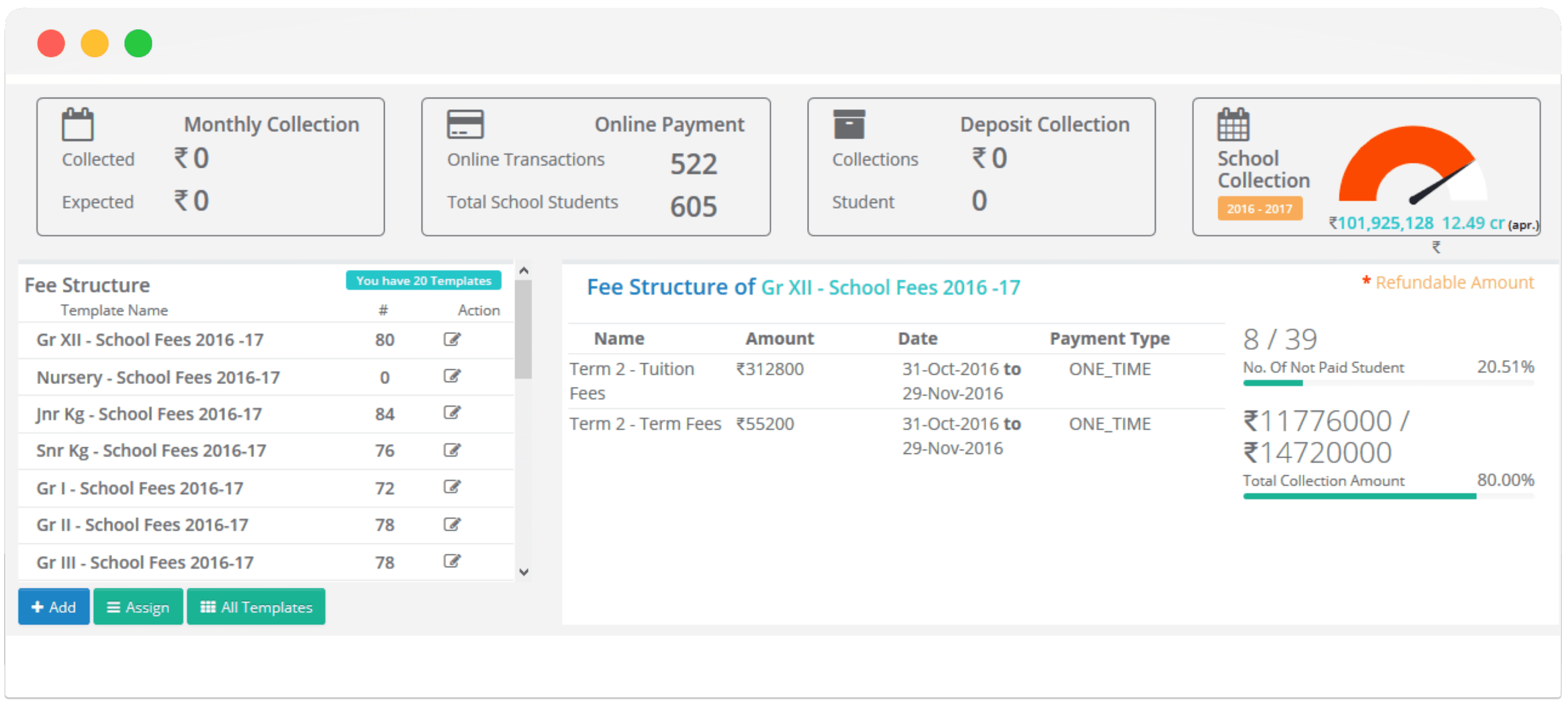 fee collection dashboard in EduCloud