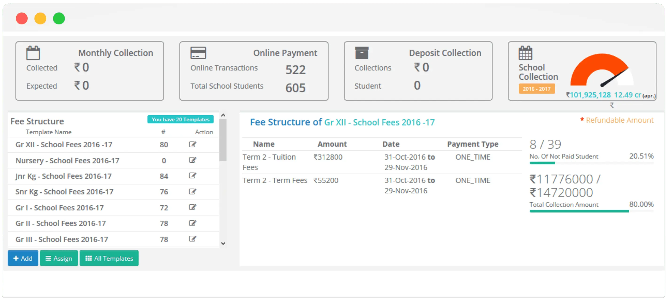 fee collection dashboard in EduCloud