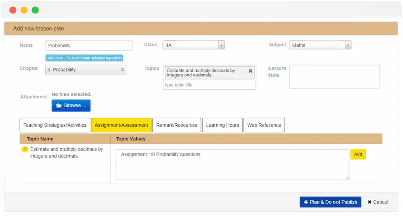 making lesson plans on EduCloud school ERP